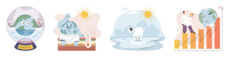 Climate change concept. Global warming metaphor. Nature environment danger, energy business industr, climate change saving planet, air pollution. Temperature rising animal extinction. Environment Dayのイラスト素材