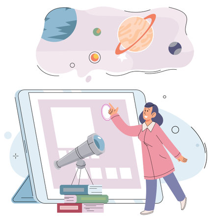 Online class, woman recording online video solar system exploration. Pedagogue with tablet pc smart technologies. Teacher in geography class. Instructor female character teaches an astronomy lesson.のイラスト素材
