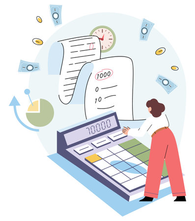 Financial consultant with documents for tax calculation and calculator. Person analyzes budget, accountant doing accounting and studying graphs. Investment and growth of income or profits of companyのイラスト素材