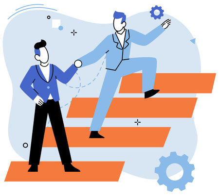 Team work, achievement in career, reaching aim, partnership in business, motivation and supporting with giving helping hand. Employees team members help each other to climb up to joint successのイラスト素材