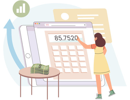 Analyzing budget web concept. Woman calculate and control financial balance, making report and paying taxes. Auditing and finance management. Person analyzing personal or corporate money profitのイラスト素材