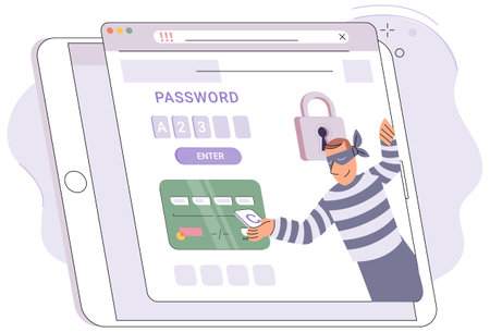 Hacker attack, fraud investigation, internet phishing attack. Fraud prevention. Internet user open scam email. Cyber criminal stealing privacy account and password, bank document and credit cardのイラスト素材