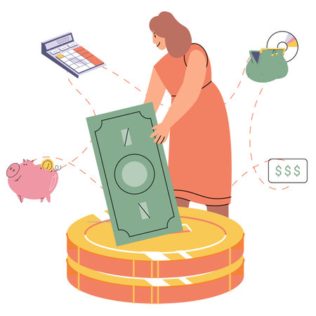 Calculating and planning budget, management of personal finance. Person analyzing expenses report. Accounting and money. Smart and responsible income management. Distribution of income and expensesのイラスト素材