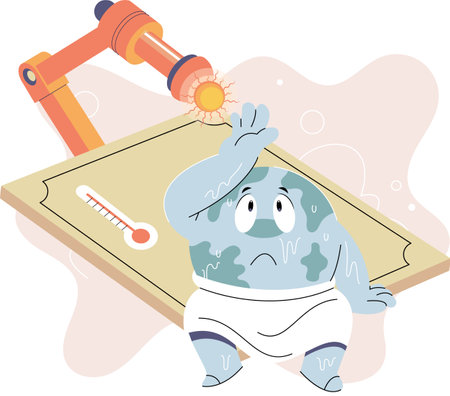 Poorly globe sits under hot sun with thermometer. Global warming concept. Planet Earth is overheating, Environmental problem due to climate change. Natural disasters cataclysms, temperature riseのイラスト素材