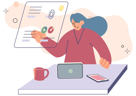 Woman holding smartphone in her hands. People and gadgets. Communication in social networks. Person uses phone to communicate and search for information or to study online at home with digital deviceのイラスト素材