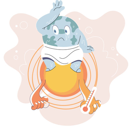 Poorly globe sits on hot sun with thermometer. Cartoon earth global warming concept. Planet is overheating, Environmental problem due to climate change. Natural disasters cataclysms, temperature riseのイラスト素材