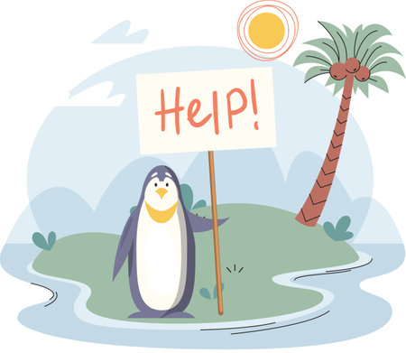 Penguin stands with sign calling for help, standing on small green hill surrounded by melting ice. Northern seabird in danger due to melting glaciers in habitat. Global warming concept, climate changeのイラスト素材