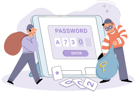 Cyber criminal stealing private personal data, credentials, password, bank document and credit card. Tiny anonymous hacker attacking computer, hacking email. Cyber crime, hacker attack, internet fraudのイラスト素材