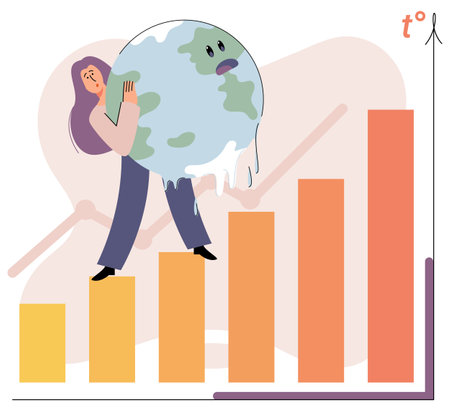 Global warming metaphor concept. Scientist studies problem of rising temperatures on planet Earth. Makes analysis of ecology and environment. Scientific research on climate change, environmental testsのイラスト素材