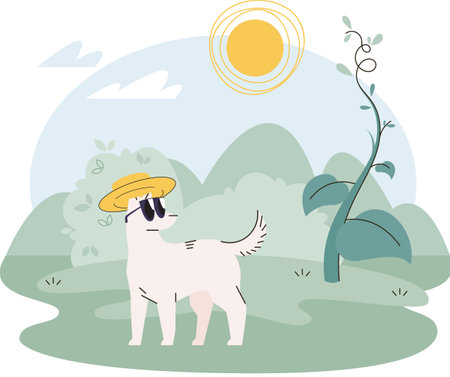 Dog in sunglasses in forest sitting on green grass, plants and hot sun on background, pet hides his eyes from bright rays. Climate change, global warming concept. Meadow landscape with animalのイラスト素材