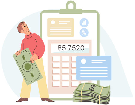 Calculating and planning budget, management of personal finance. Man stands near stack of money and calculator. Person analyzing business profit report, financial bill. Counting income and expensesのイラスト素材