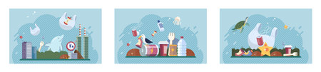 Set of recycling, waste management and zero waste related. Globe earth with trash, ecology problem...