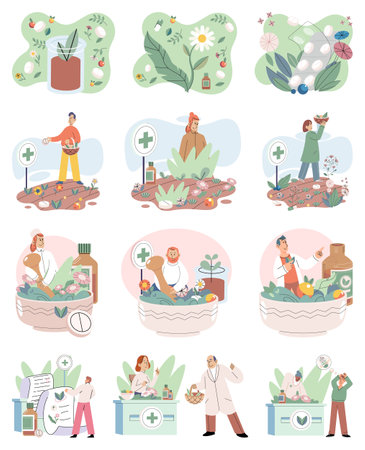 Homeopathy and herbal remedies set. Medical research laboratory diagnostics. Homeopathic treatment and phytotherapy. Traditional herb recipes of alternative medicine. Medicine pharmacy. Herbal pillsのイラスト素材