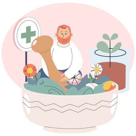 Prepare herbal decoction. Man cook natural potion in big bowl with various flowers, green leaves and herbal ingredients. Organic cosmetics, skincare products. Herbal medicine and homeopathy healthcareのイラスト素材