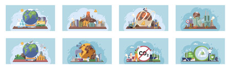 Toxic waste from human set. Industries create pollution and cities affected by pollution. Climate change cycle dried or dry cracked land suffering from drought. Weather global greenhouse warming risksのイラスト素材