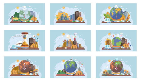 Metaphor climate change, global warming and water crisis. Measuring planet temperature. Global warming, greenhouse, melting ice, earth pollution and disaster. Plastic pollution and ecology problemsのイラスト素材