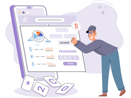 Hacker activity. Hacking computer. Phishing account, steal data, cyber attack. Stealing password. Cyber crime, theft personal information, cyber security spy access. Internet fraud scenes set metaphorのイラスト素材