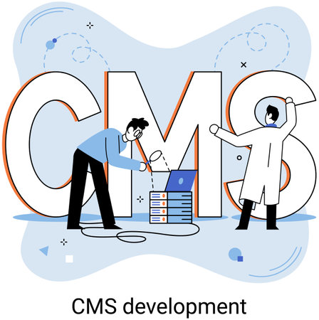 Digital content management system, CMS development software metaphor. Information system or computer program enable organize collaborative process of creating, editing and managing soft in networkのイラスト素材