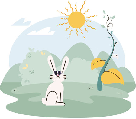 Hare in sunglasses in forest sitting on green grass, plants and bright sun on background. Climate change, global warming concept. Inhabitant of wild nature in habitat. Meadow landscape with animalのイラスト素材