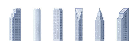 City buildings, pixelated skyscrapers isolated pixel art vector illustrations big city business center. Pixel houses for game icons. Panorama architecture set. 8-bit. Design for stickers, mobile appのイラスト素材