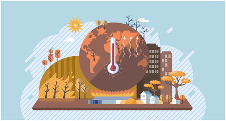 Fire in the forest near city. Climate change cycle dried or dry cracked land. Earth with thermometer. Air pollution from factories and CO2 emissions. Saving the planet, World Environment Dayのイラスト素材