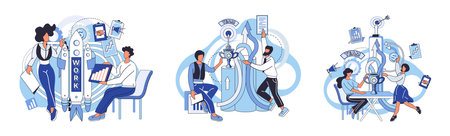 Unity and support between colleagues, command agreement concepts set. Team of business people celebrate success In work collaboration together. Command of winners and cup. Teamwork solving problemsのイラスト素材