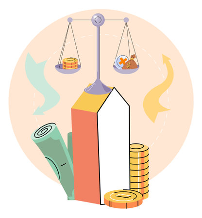 Balance scale with money concept. Equilibrium in cash market. Demand for money is equal to their supply. Bank interest rate stability. Government influence on economy. Equal income and expensesのイラスト素材