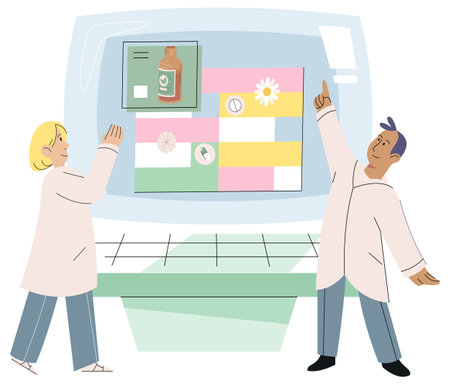 Herbal medicine and alternative homeopathy concept with scientists at monitor with plants. Organic treatment elements with natural products, herb pharmacy, food supplement and essential oilsのイラスト素材