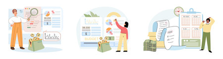 People analysis budget. Calculate financial plan of save income and expense management. Finance productivity graph, return investment chart, budget planning, expenses, accounting report, income growthのイラスト素材