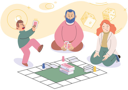 Game together. Family fun. Friendship time. Vector illustration. Playing games with friends brings out competitive yet lighthearted spirit Family game nights filled with laughter, friendly banter, andのイラスト素材