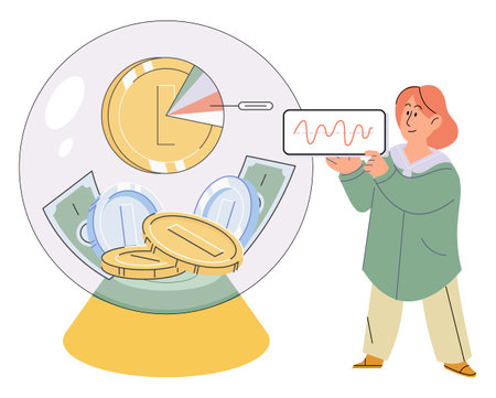 Calculating and planning budget, management of personal finance. Person analyzing expenses report, financial bill. Accounting and money concept. Businesswoman analyzes investments and savingsのイラスト素材