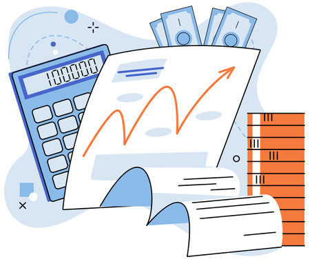 Investment analysis, financial planning, calculation, data exploration, business concept for strategic marketing with report, money and accounting documents. Examination of income statementのイラスト素材