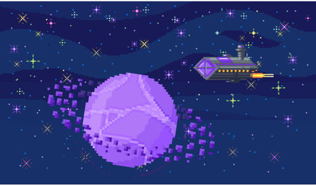 Space exploration fantasy alien landscape. Cartoon pixel art background. Fantastic cosmic galaxy with spaceship. Another planet concept. Universe of spherical star objects. Pixelated location for gameのイラスト素材