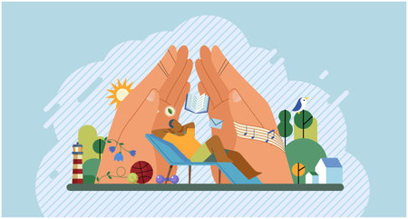 Calm relaxed man dreams lies on sunbed. Person finding wellbeing, harmony and balance, enjoying peace, delighted relaxing in beautiful clean nature. Psychology recovery and mental health conceptのイラスト素材