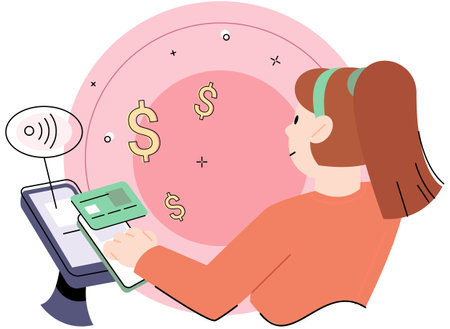Woman using pos terminal confirms payment using smartphone, Mobile cashless, online banking, money transaction. Online and mobile payments for web page, social media, documents, cards, postersのイラスト素材