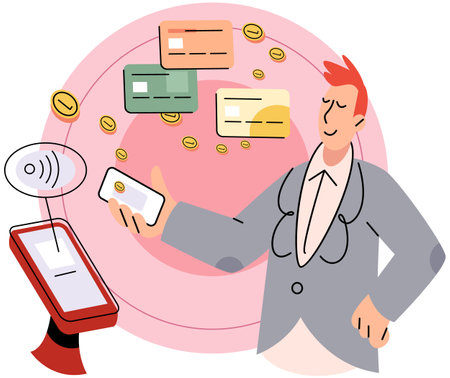 Cashless payment. Vector illustration. Online retailers often offer incentives or discounts for choosing cashless payment options Contactless payment technology relies on short-range wirelessのイラスト素材