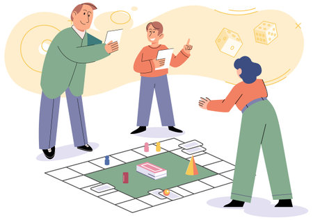 Game together. Family fun. Friendship time. Vector illustration. Family game nights offer break from everyday responsibilities and allow for quality time Board games promote healthy communication andのイラスト素材