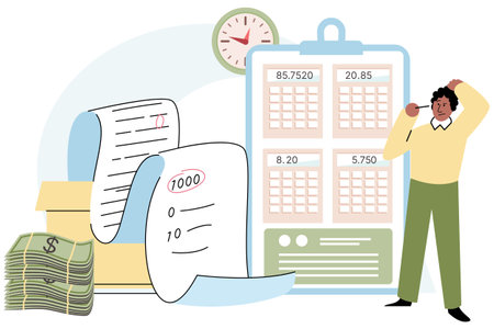 Controlling company budget and analyzing financial report. Analysis of personal income and expenses. Man counts money on calculator and writes numbers into calculation, accountant checks financesのイラスト素材