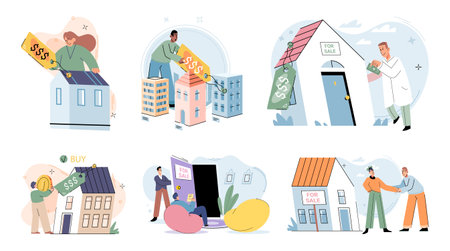 Buying and choosing housing. Vector illustration The apartment was available for rent The sale property was finalized The buyer decided to invest in real estate The purchase house was wise investmentのイラスト素材