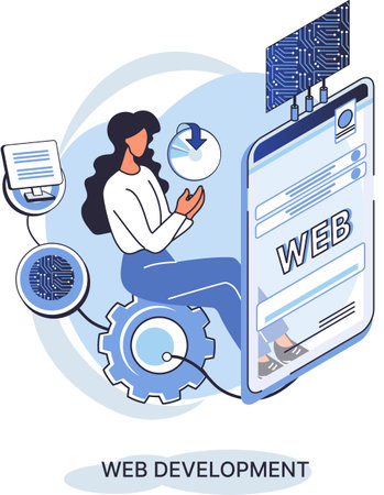 Web development metaphor, coding and programming responsive layout internet site or app of devices. Creation digital Software mobile, desktop platforms. Computer code, tablet, phone, digital businessのイラスト素材