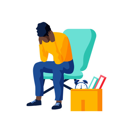 Feeling sad of being fired concept. Young man worker sitting at box with belongings feeling stressed being fired holding hands on head. Unemployment, crisis, jobless and employee job reduction conceptのイラスト素材