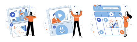 Video marketing vector illustration. Feedback from viewers is valuable for refining video marketing strategies and improving content Digital platforms and tools enable creation and distribution videoのイラスト素材