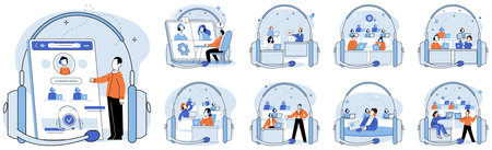 Call center hotline. Vector illustration. The call center hotline operates in vast landscape cyberspace The call center hotline ensures streamlined process for customer support The call center hotlineのイラスト素材