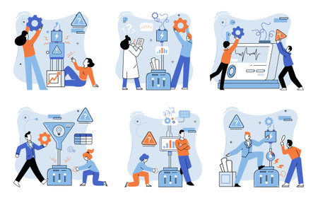 Team solving complex problems. Teamwork vector illustration metaphor. Leadership meeting, supervision idea, hiring, coaching team, management time, development solutions work, teamwork and delegationのイラスト素材