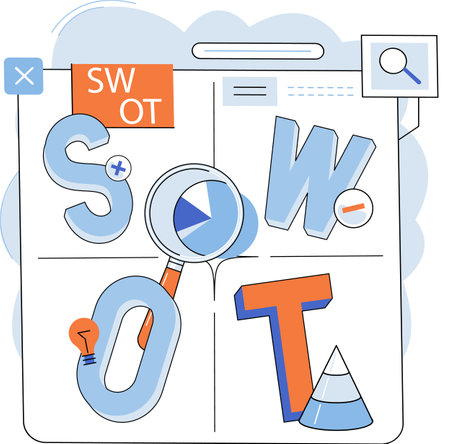 SWOT analysis. Vector illustration. Datprovides valuable insights for decision-making Flat design elements create modern and minimalistic aesthetic Graphs visually represent datrelationshipsのイラスト素材