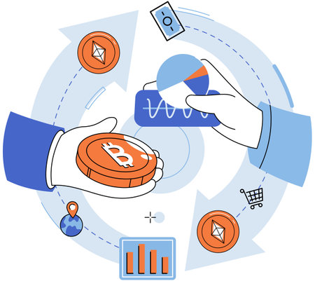 Bitcoin vector illustration. Financial institutions are actively exploring potential virtual currencies like Bitcoin Investment in cryptocurrency offers new opportunities for diversifying onesのイラスト素材