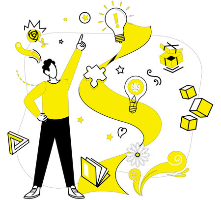 Creative process vector illustration. The creative process metaphor orchestrates symphony idea development Unique solutions blossom, born from delicate petals creative process Imagination propelsのイラスト素材