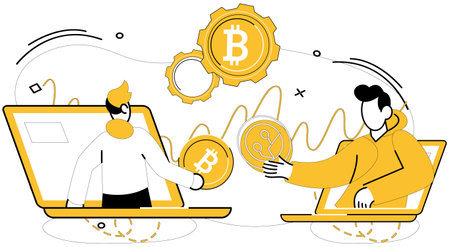 Bitcoin trading vector illustration. Finance, navigator, charts course through volatile waters digital currencies, guided by Bitcoins light Business, playground, witnesses evolution tradeのイラスト素材