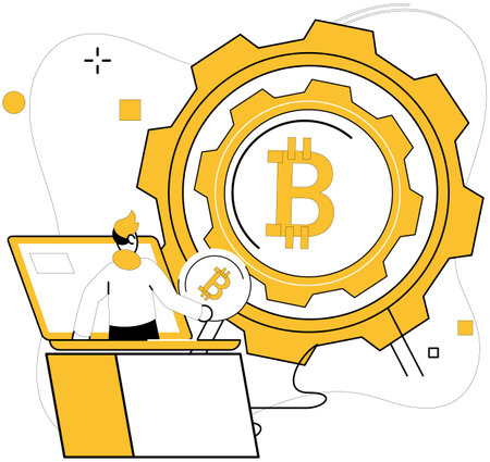 Bitcoin mining vector illustration. Bitcoin, leads charge in reshaping landscape digital finance Mining, excavation, unearths virtual treasures in form digital coins like Bitcoinのイラスト素材