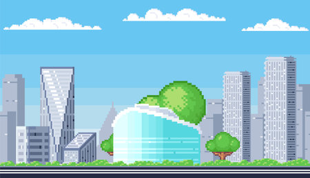 Cityscape. Pixel art. Futuristic city with various skyscrapers and modern buildings surrounded by trees and blue sky with clouds. Ideal for urban development, sustainability, technology, architectureのイラスト素材